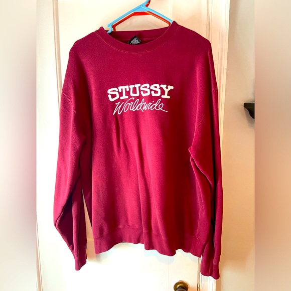 Vintage Stussy Worldwide maroon burgundy crew neck sweatshirt xl - Picture 1 of 3